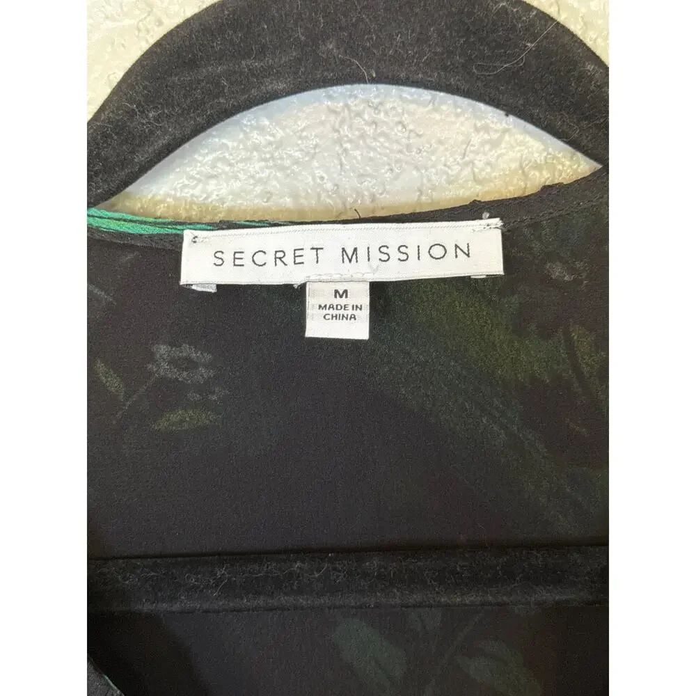 Secret Mission Silk Daisy Floral Dress Womens Medium Black Green Sheer Tiered - Picture 8 of 10